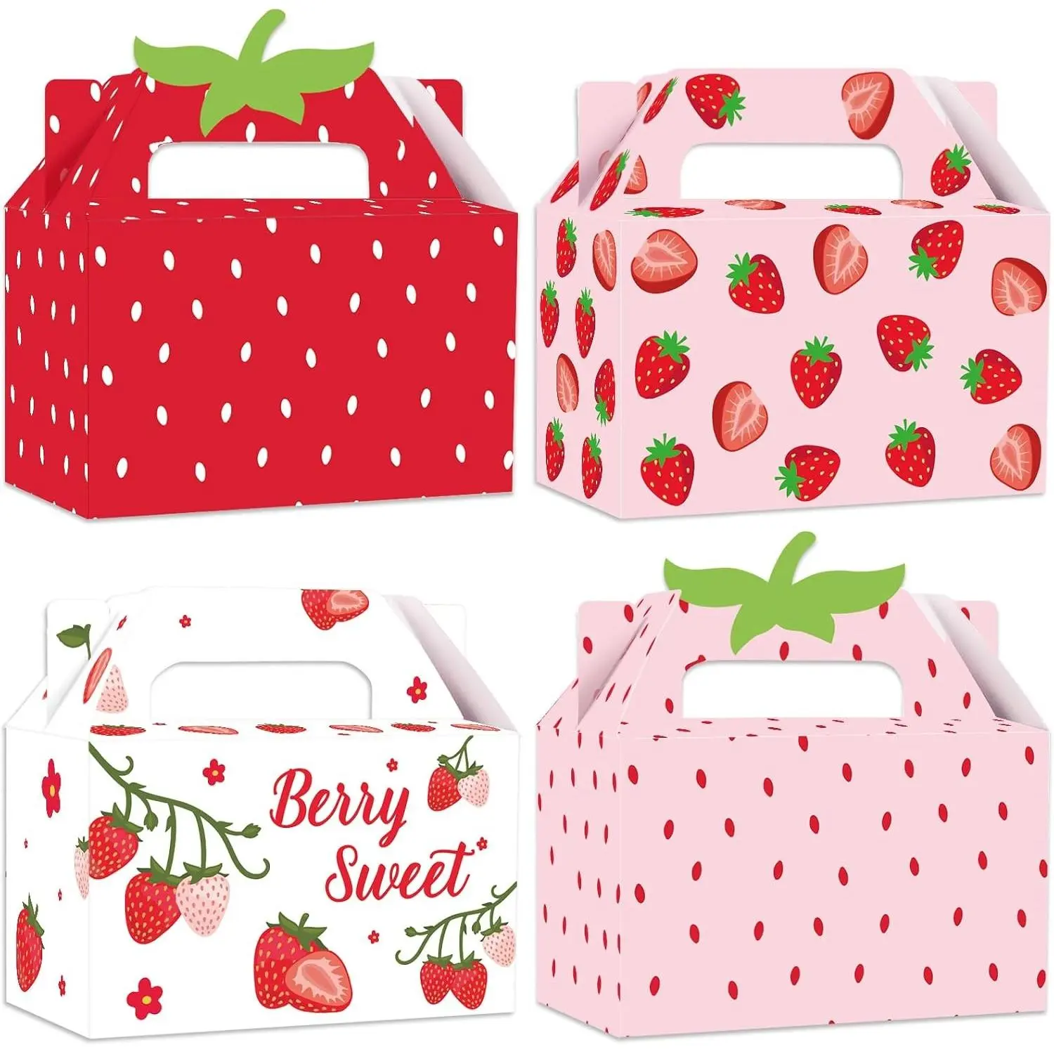 Strawberry Box for Party Favors, 24 Pcs Strawberry Gift Candy Treat Boxes Bags for Berry First Birthday Baby Shower Party Decor Supplies, 6.3 x 3.2 x 3.9 Inch