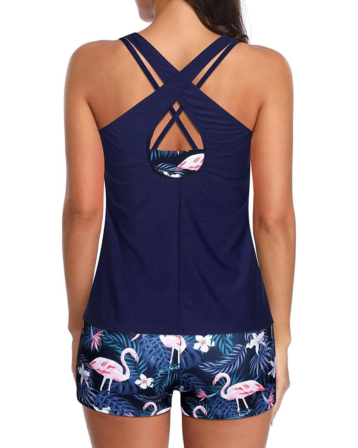 Women's Mint Green 3-Piece Tankini Swim Set - Racerback Tank Top with Floral Boyshorts & Sports Bra for Modest Beach Wear