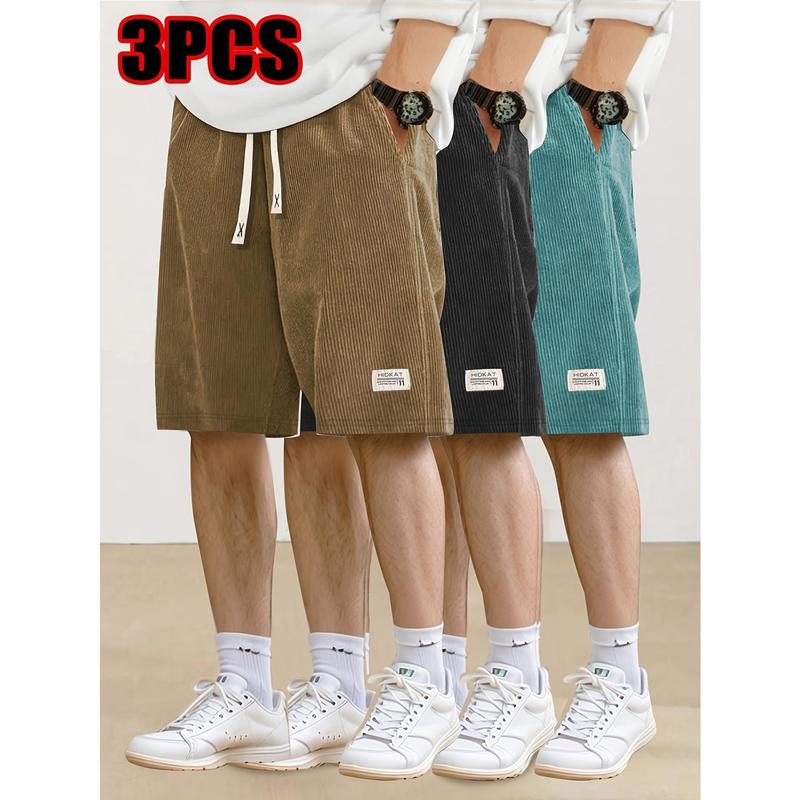 Men's 3PC Corduroy Elastic Waist Sports Shorts - Drawstring, Lightweight Summer Essential for Outdoor Beach, Daily Wear