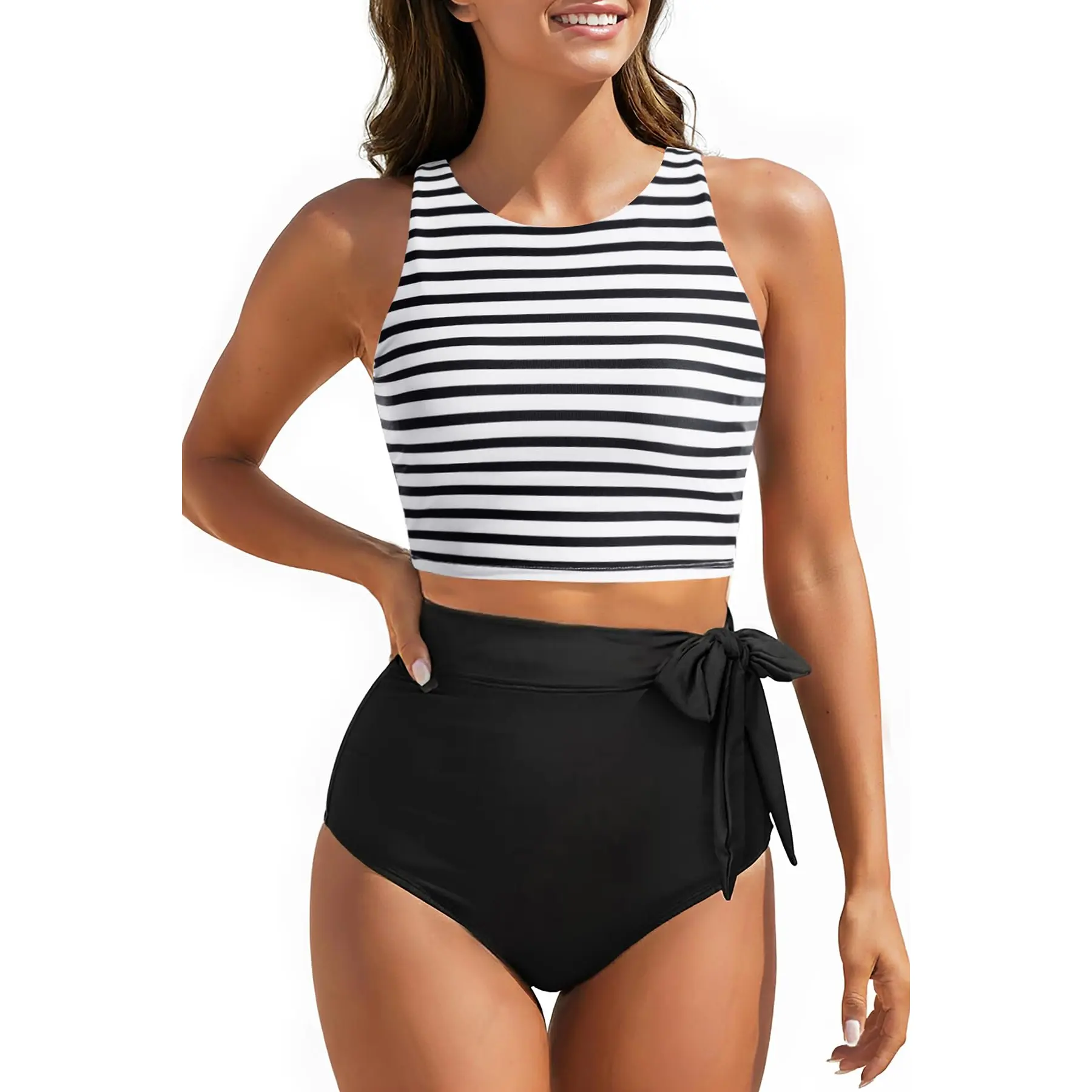 Aqua Eve Women High Waisted Bikini Set Racerback Swimsuit Two Piece Bathing Suit High Neck Swimwear Tankini Outfit Activewear