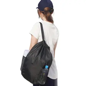 Neutral Drawstring Backpack, Large Capacity Sports Bag, Mesh Side Pockets, Adjustable Straps, Soft Shell, Travel, Fitness, Practical Design