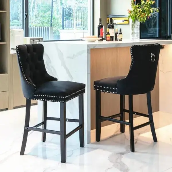 American Modern Velvet Fabric Barstools - Contemporary, Adjustable, Lightweight, Button Tufted, Wooden Legs, Chrome Nailhead Trim, Customizable, Easy Single-Box Delivery - 18.70 lbs, 23.60" Deep x 19.50" Wide x 40.70" High, for Home Bar