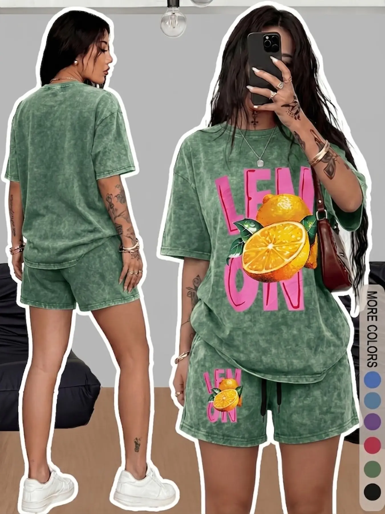 Women's Retro "LEMON" Graphic Washed-Look Short-Sleeve & Drawstring Shorts 2-Piece Set – Casual Summer Loungewear (Available in 6 Colors)