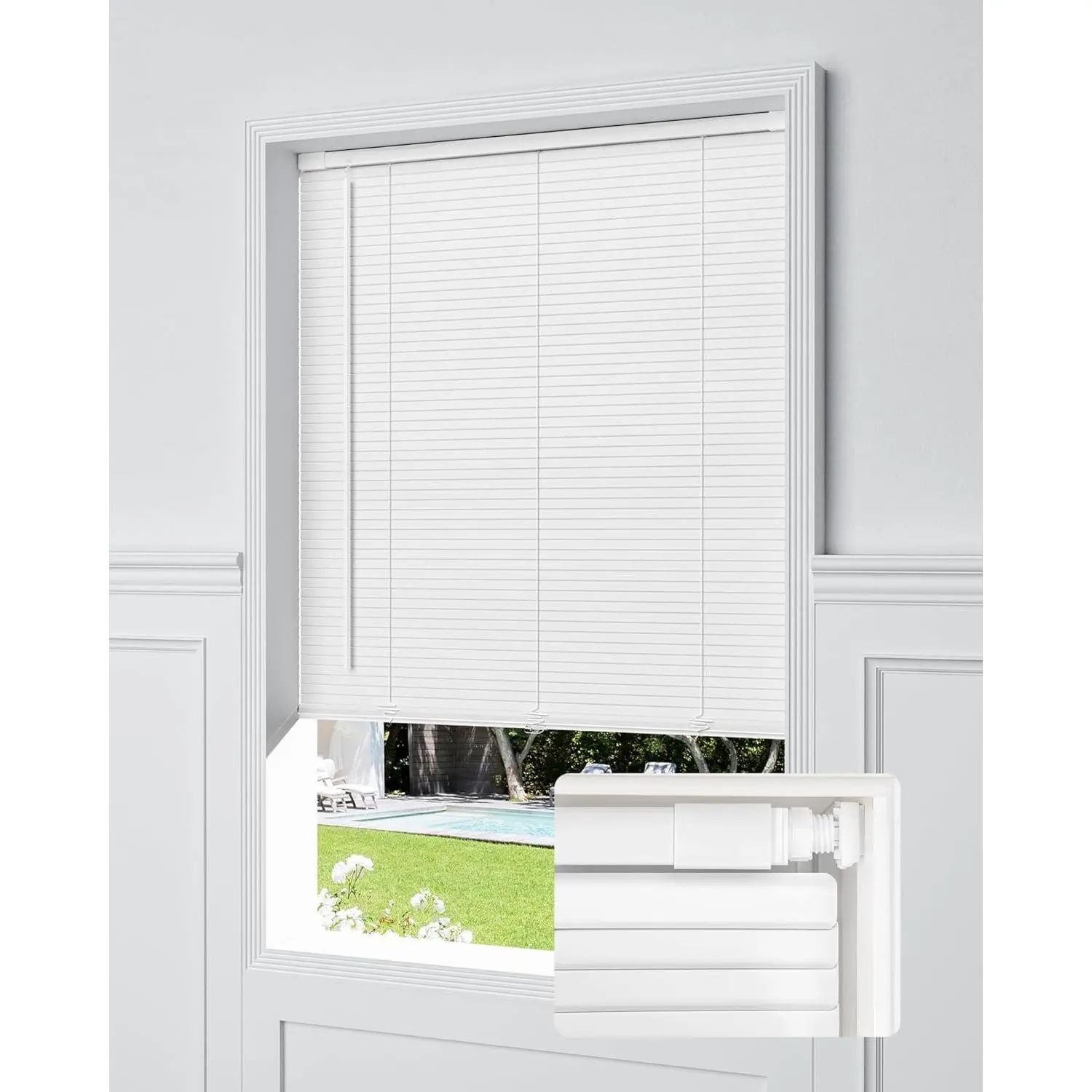No Drill Cordless Mini Blinds, L-Shaped 1" Vinyl Slats, 34.5" × 64" White, Easy Install, Enhanced Privacy Protection