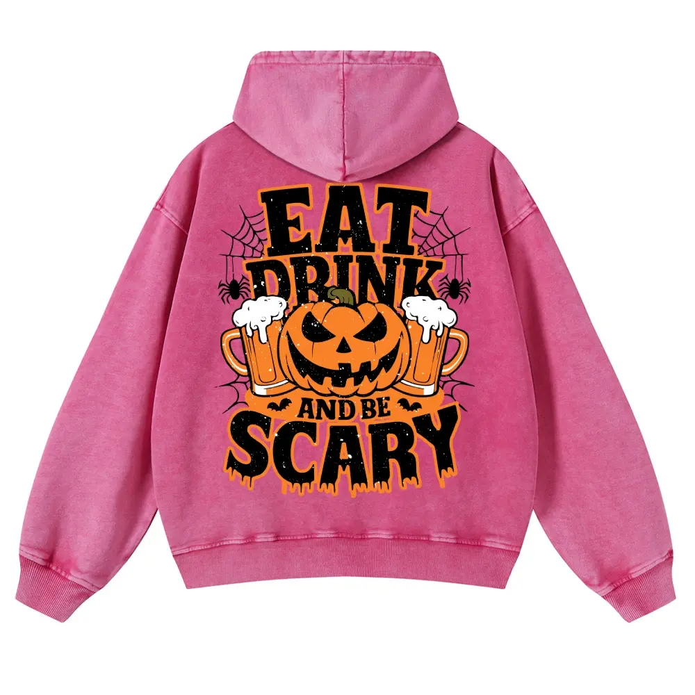 Vintage Washed Pink Eat Drink And Be Scary Hoodie Pumpkin Beer Graphic Sweatshirt Oversized Acid Wash Halloween Unisex Pullover