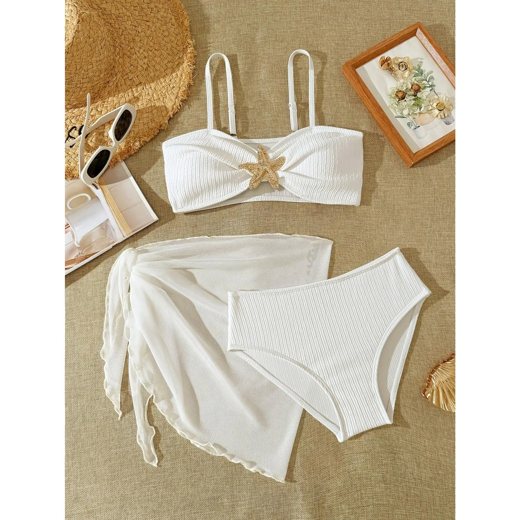 [Vacation] Solid Color Rib Knit 3pcs Kids Girls Swimsuits High Stretch, Adjustable Shoulder Straps Girls Bikini Sets for 7-16 Years Children Swimwear Beach Wear, Holiday