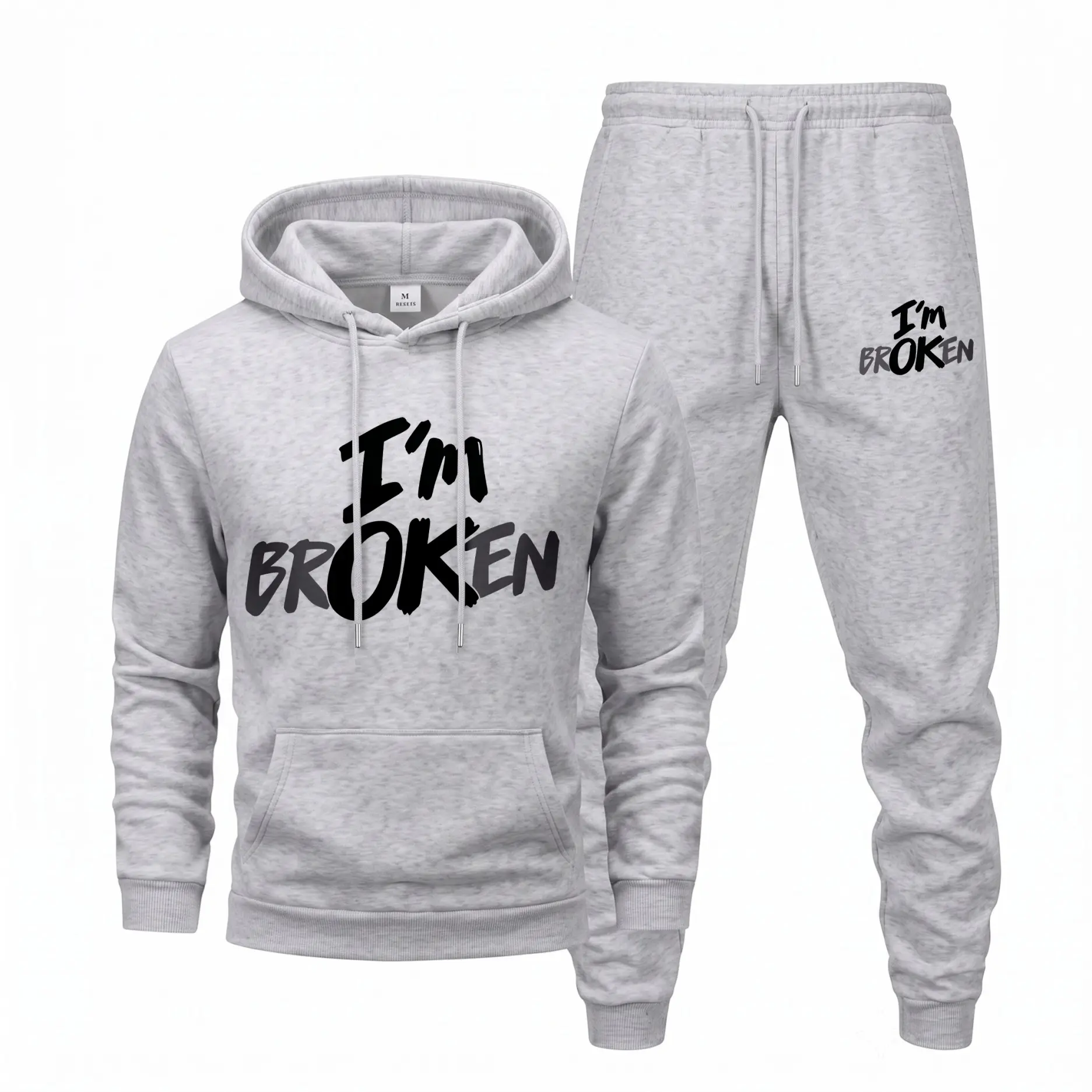 Men's I'm Broken Letter Graphic Hoodie and Sweatpants Set, Casual Hip-Hop Long Sleeve Pullover & Drawstring Jogger Pants, Fall Winter Tracksuit for Daily Wear, Travel, Lounge, Indoor Outdoor and Streetwear