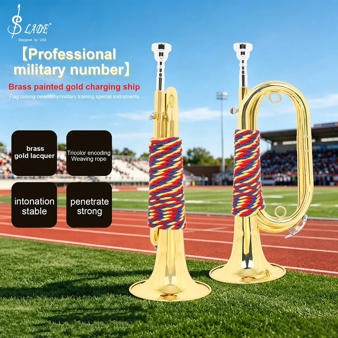 Slade B Flat Bugle, High-Quality Brass Gold-Plated Body, Classic Military Instrument, Durable Portable Copper Instrument, Includes Slade Storage Bag