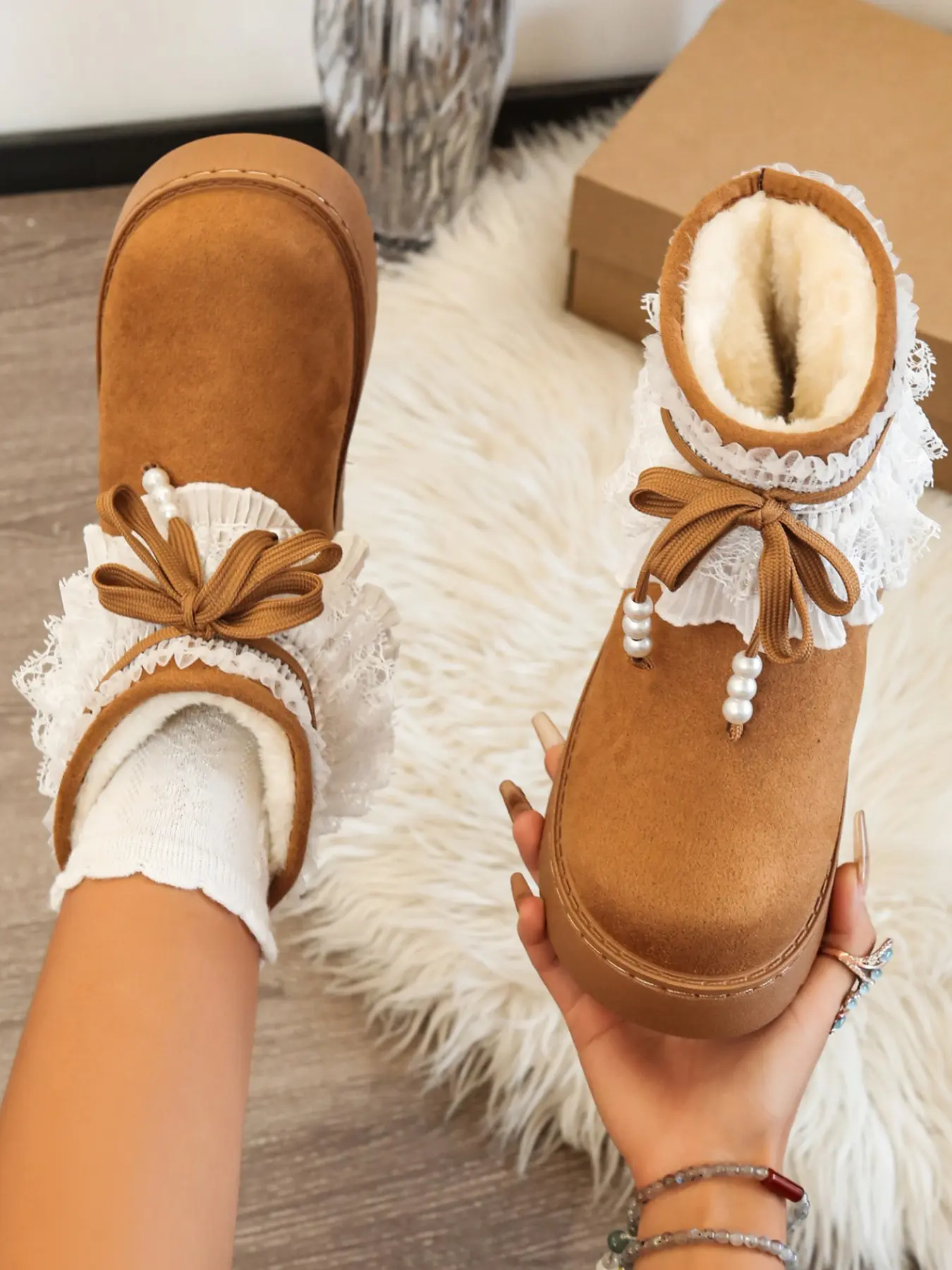 Lace Trim Pearl Bow Thick Sole Snow Boots for Women, Winter Faux Fur Lined Mid-Calf Cotton Boots, Anti-Slip Rubber Sole, Casual Style, Fall Boots