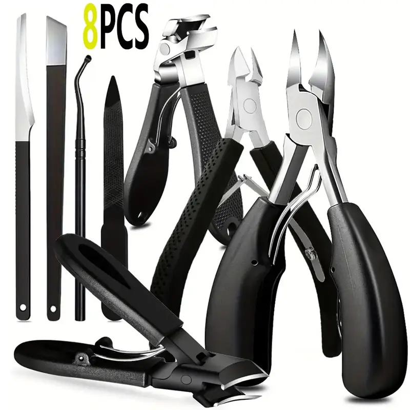 8-Piece Nail Clippers Set for Seniors, Curved-Blade Wide-Mouth Angled Nippers with Ergonomic Comfort-Grip Handles, Unisex Manicure Kit, Nail Care Tool, Nail Tools