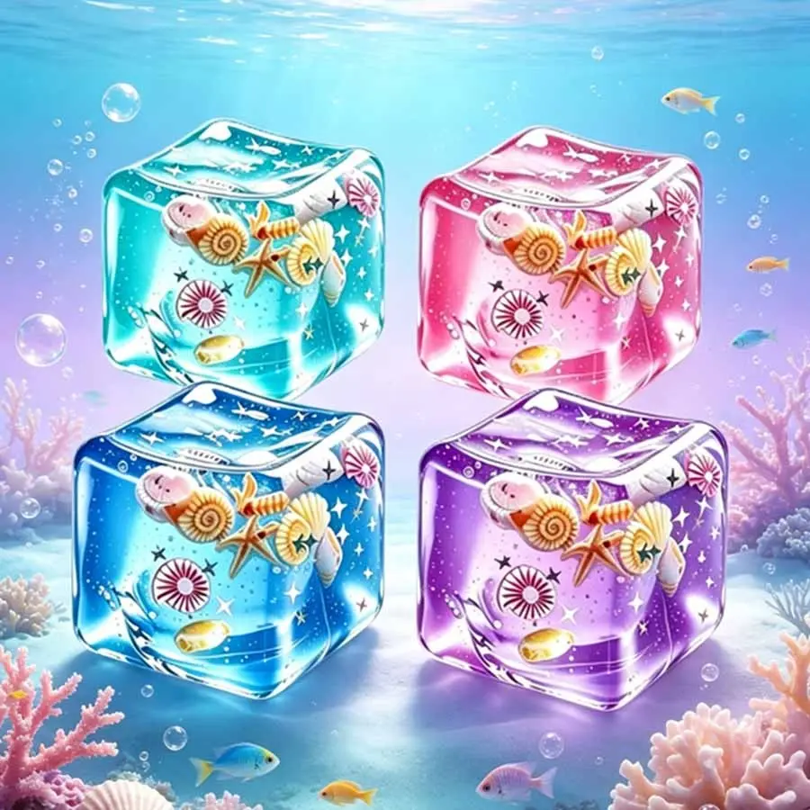 Kawaii Ocean Cube Squishy Toys, Sea Shell Stress Balls | Soft Maltose Texture With Sea Shell Filling for Calming Sensory Play, Desk Breaks, Party Favors and Gifts