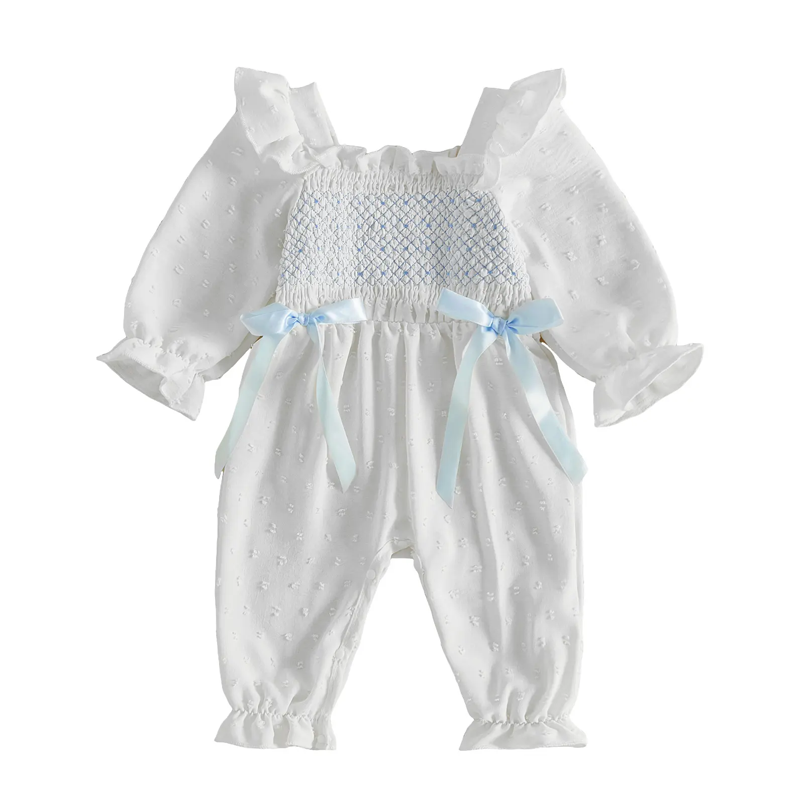 Newborn Baby Girls Romper Long Bubble Sleeve Smocked Fall Jumpsuit Fall Winter 0-12 Months