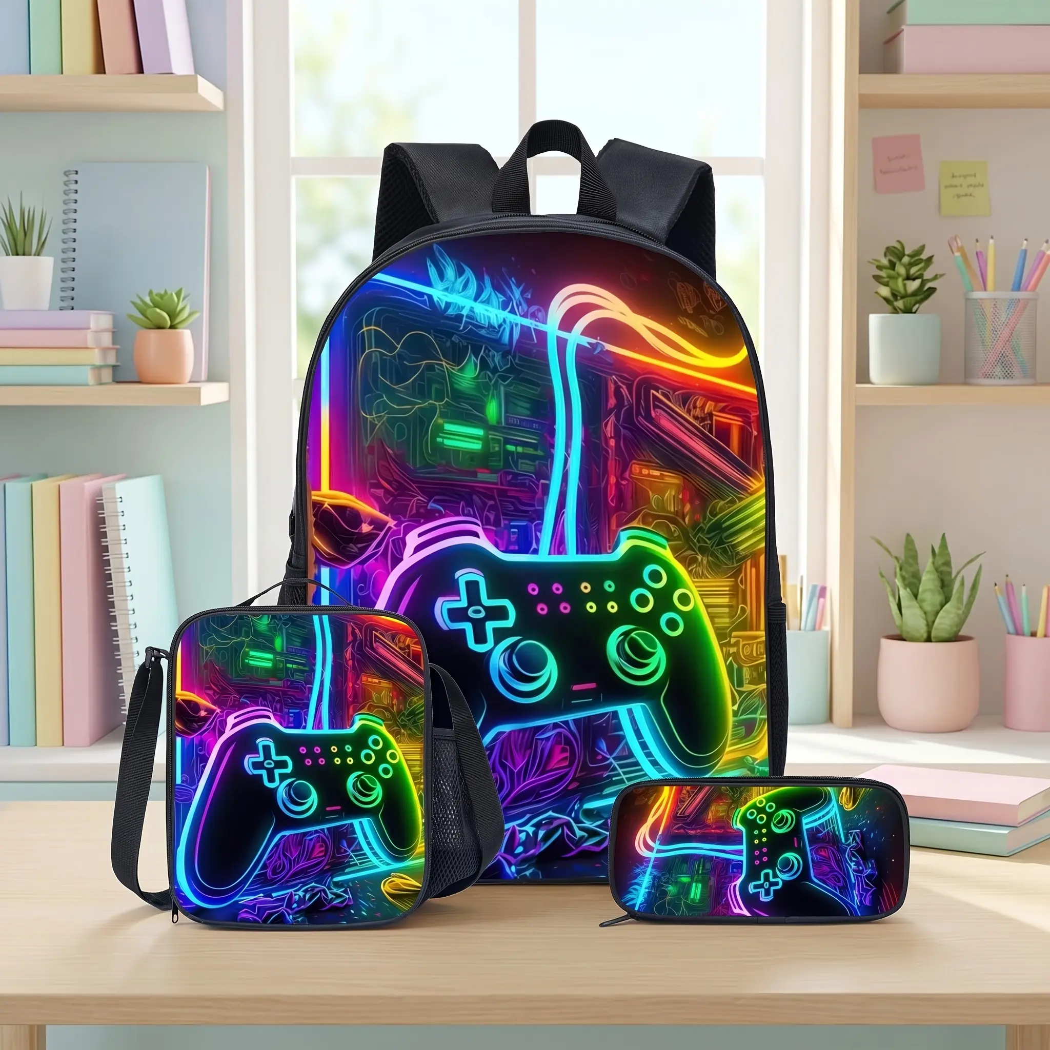 Gamer School Backpack for Kids and Teens, Neon Cyber Glow Art Gaming Controller Bookbag with Side Mesh Pockets and Top Handle, Casual, Kids Backpack