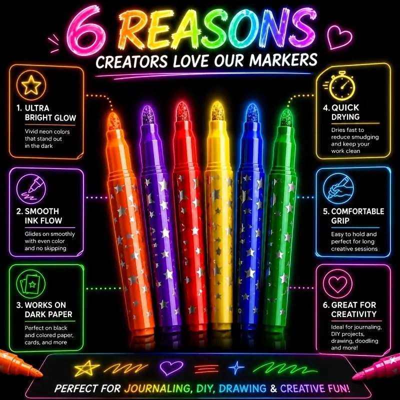 Night Glow Highlighter Pen Set, 6-Pack Neon Pattern Markers, Creative Graffiti Pens, Ideal for Diaries, Journals, Notes, DIY Crafts
