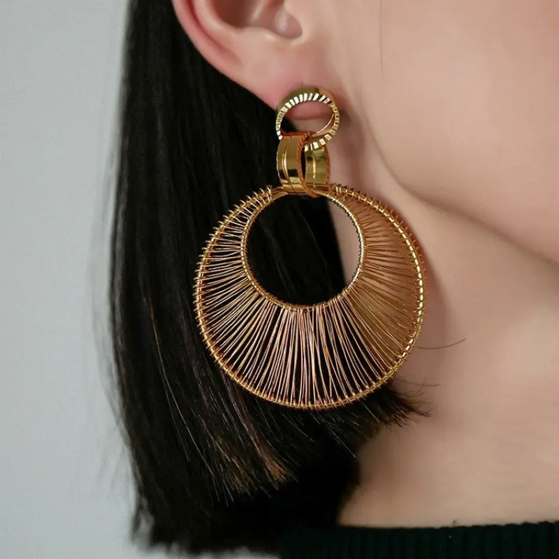Women's Chunky Gold-Tone Hoop Earrings - Handmade Crafted Oversized Fan-Shape Thread-Wrapped Alloy Metal Statement Jewelry, Fashion Party Wear Bling Aesthetic Accessories