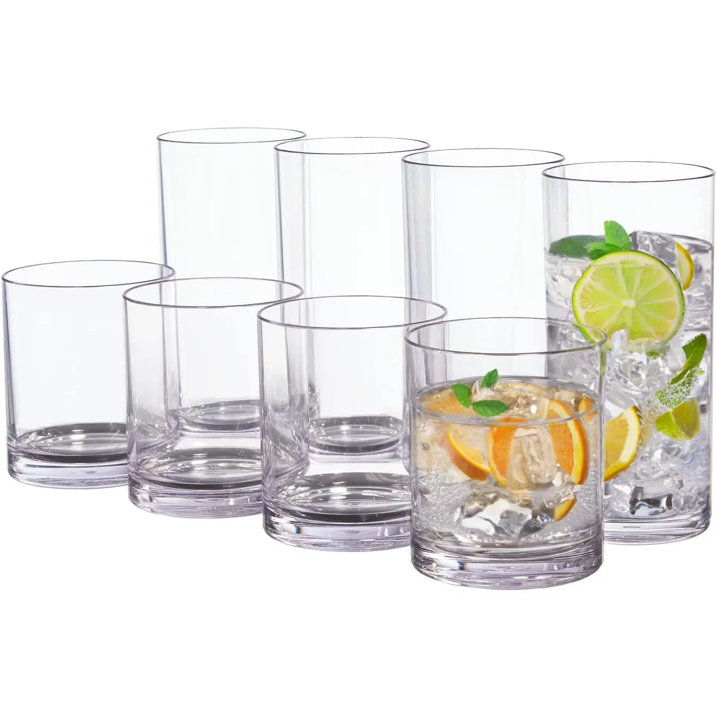 Classic Clear Plastic Reusable Drinking Glasses (Set of 8) 12oz Rocks & 16oz Water Cups | BPA-Free Tumblers, Made in USA | Top-Rack Dishwasher Safe