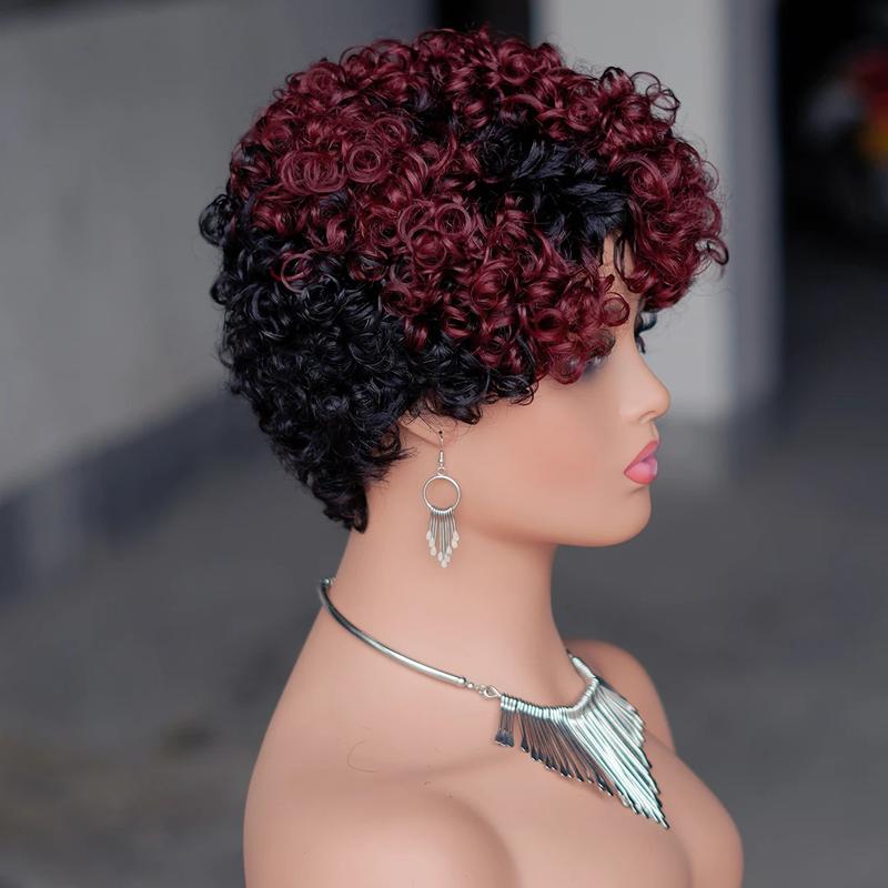 6inch Short Curly Wigs T1B/99J None Lace Front Human Hair Wigs with Bangs 180% Density Machine Made Pixie Cut Curly Wave Wig