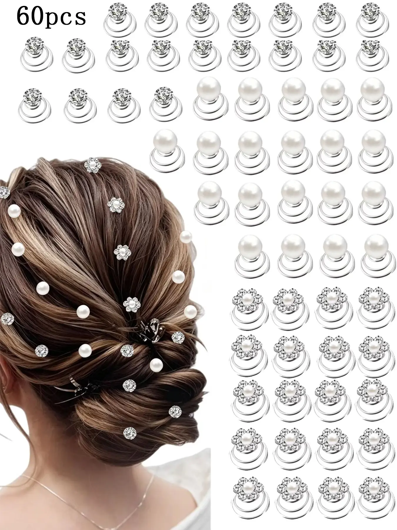 60 Pieces 3 Shapes Gemstone Rhinestone Floral Hair Clips Set, Diamond Spiral Pearl Flower Jewelry, Wedding, Party, Special Occasions, Hair Charms