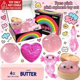 7 Pack Pink Series Glitter Squeeze Stress Relief Toys, Stress Relief Fidgets, Soft Portable Sensory Fidget Balls, Apple Round Ball Swirl Heart Butter Stick Bun Salamander Duck Squishy Toys, Ideal Birthday & Party Gifts for Kids Adults Anxiety Relief