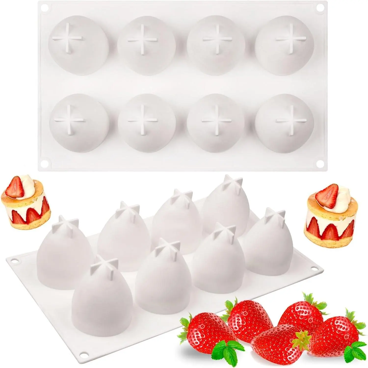 3D Strawberry Silicone Mold 8-Cavity Fruit Baking Mold, 10.5 x 6.6 in Size, 2.7 in Cavity Depth, Flexible Silicone, Dessert & Chocolate Use, Easy Unmolding