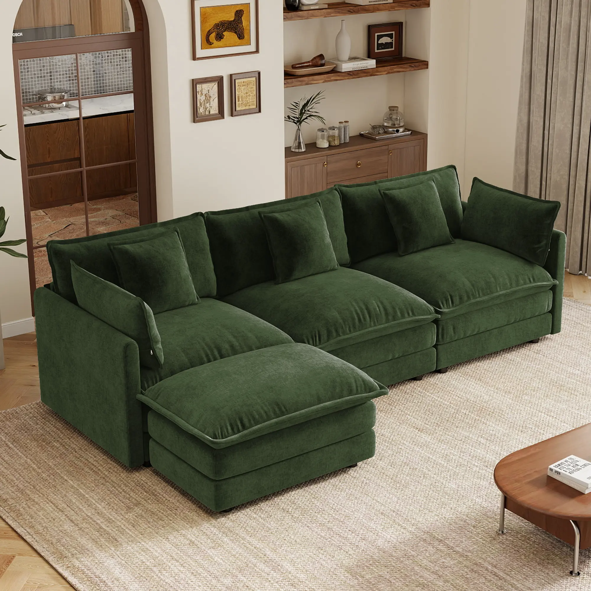 ARCH Padded Solid Oversize 3-Seater L-Shaped Modular Sectional Sofa with Ottoman, Green Chenille Upholstered Couch with Pillows, Easy Assembly for Living Room, Home Theater Seating