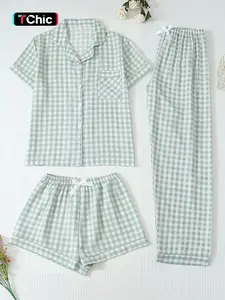 Three-Piece Women's Plaid Print Short Sleeve Button Front Top with Pockets and Bow Shorts, Casual Home Wear Pajamas Loungewear Set for All Seasons