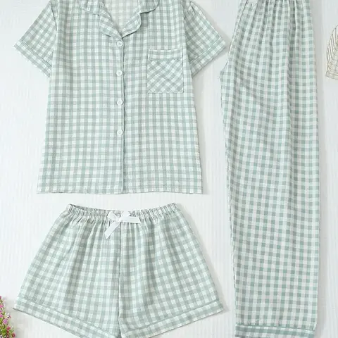 Three-Piece Women's Plaid Print Short Sleeve Button Front Top with Pockets and Bow Shorts, Casual Home Wear Pajamas Nightwear Loungewear Set for All Seasons
