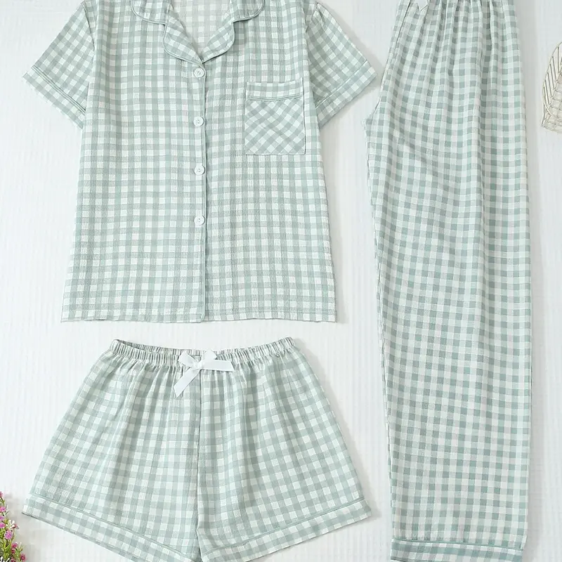 Three-Piece Women's Plaid Print Short Sleeve Button Front Top with Pockets and Bow Shorts, Casual Home Wear Pajamas Nightwear Loungewear Set for All Seasons