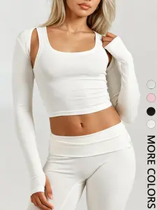 1 Cutout Shoulder Cropped Shrug Top Women（Tank Top Not Included） | Long Sleeve Bolero Cardigan with Thumb Holes | Y2K Athleisure Gym Workout Cover Up   | Minimalist Yoga Loungewear Layer
