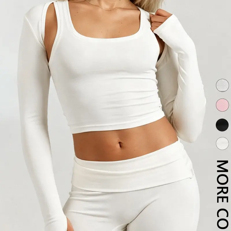 1 Cutout Shoulder Cropped Shrug Top Women（Tank Top Not Included） | Long Sleeve Bolero Cardigan with Thumb Holes | Y2K Athleisure Clothes Gym Workout Cover Up   | Minimalist Yoga Loungewear Layer Active Top | Casual Workout Tops Activewear Clothing