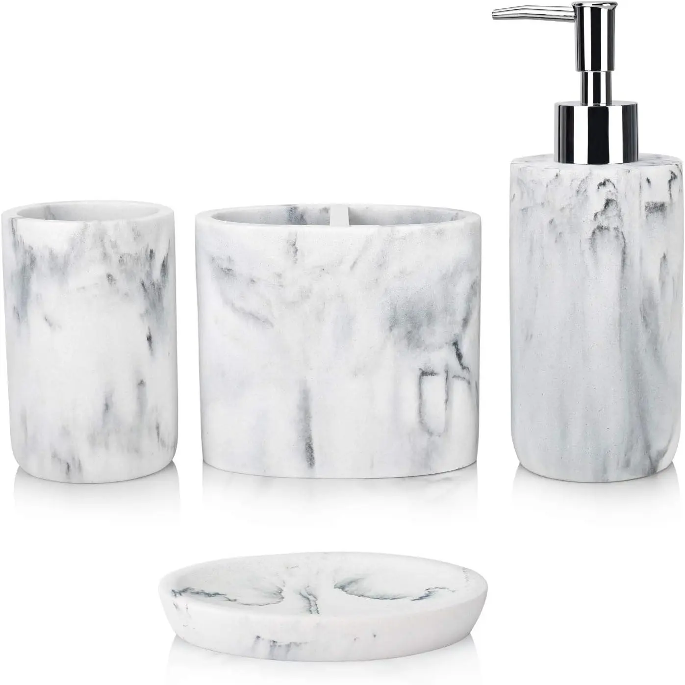 Bathroom Accessories Set,4 Pieces Marble Bathroom  Countertop Accessory Set with Bathroom  Holder Set,Soap Dispenser,Tumbler,Soap Dish for Bathroom  Decor