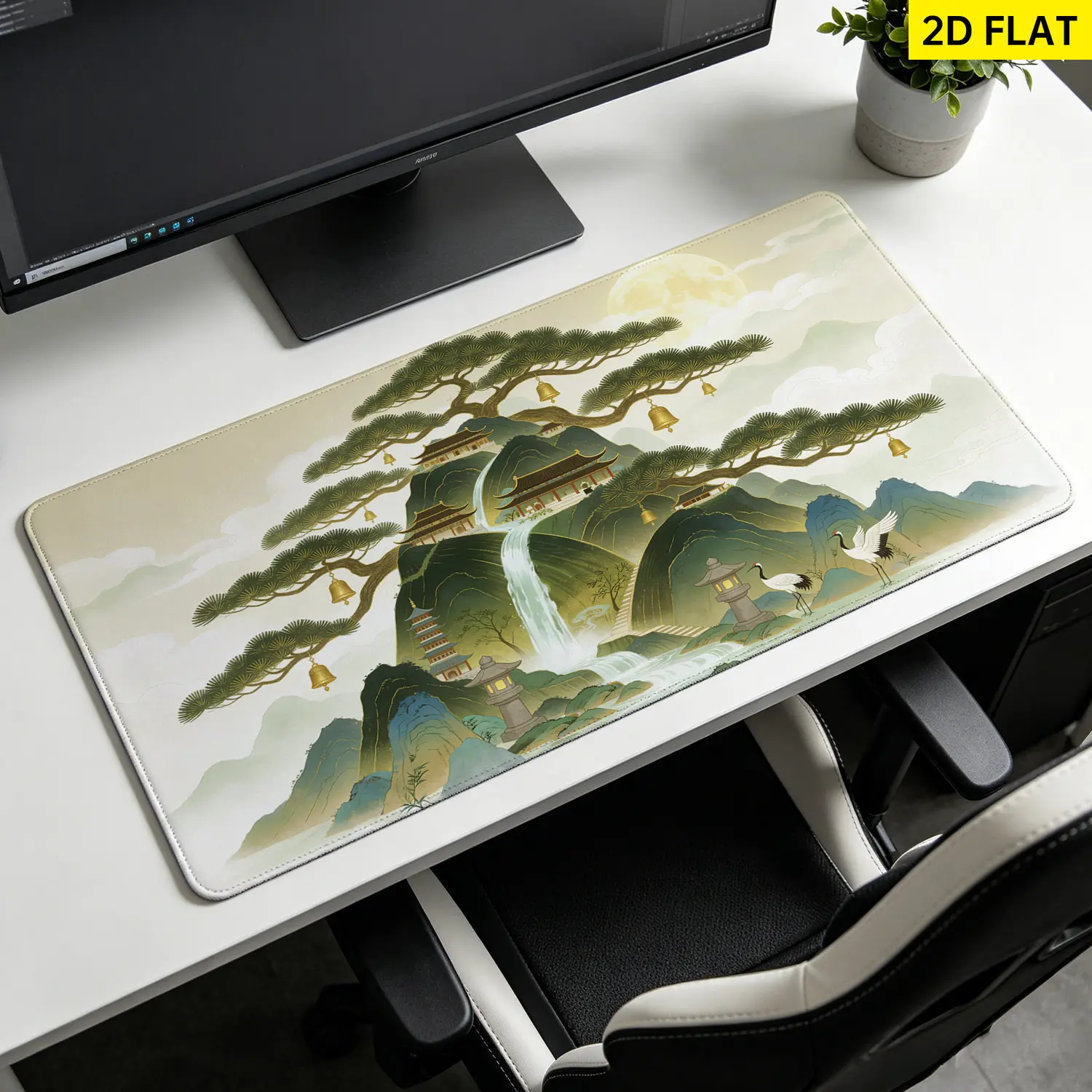 Extra Large oriental zen landscape pine tree and crane Mouse Pad,Non Slip Rubber Pad,Desktop Decoration Drotection Pad,Washable,Lock Edge Multi Size,Premium Multipurpose Mousepad For Home,Office,Gift for Family and Friends