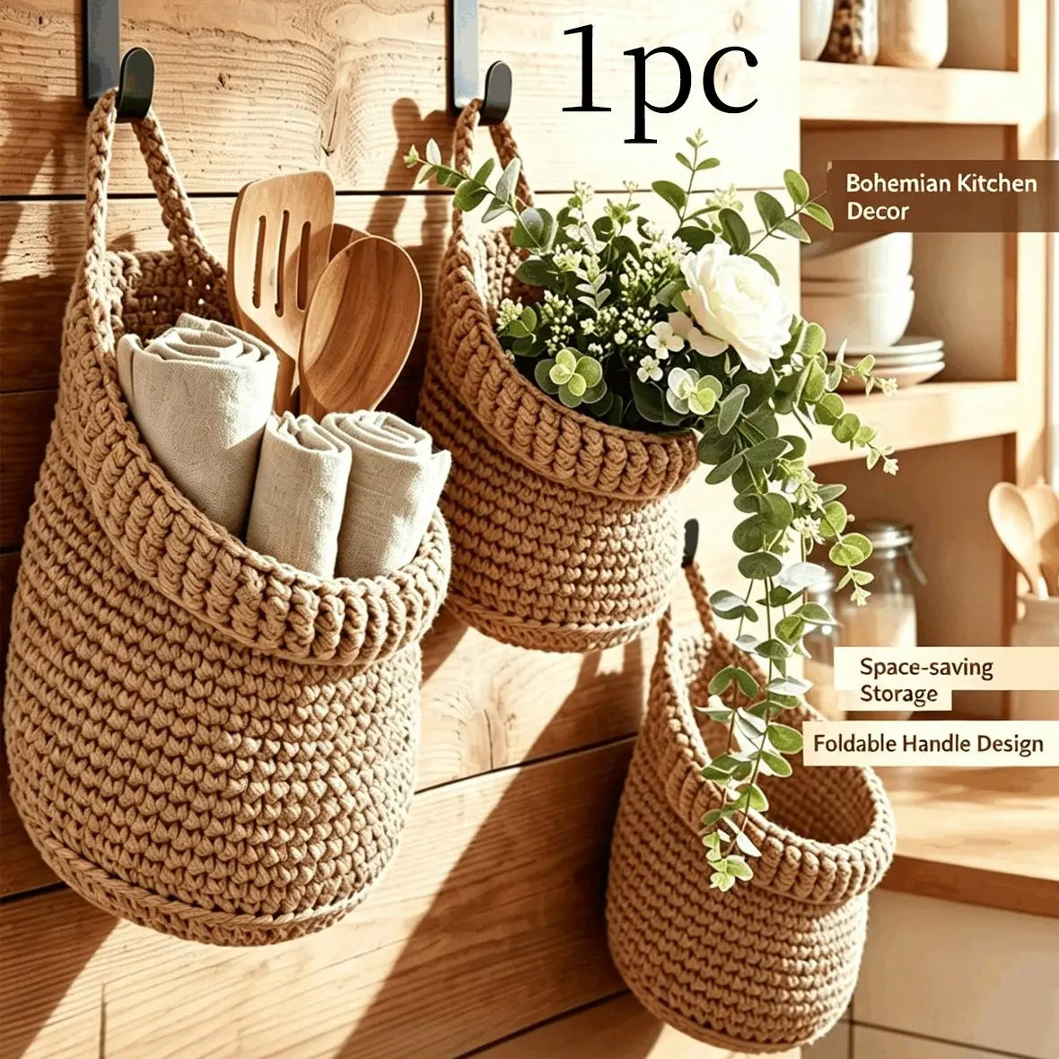 Multi-Functional Handmade Woven Wall Basket, Hooked Hanging Storage Bucket, Decorative Wall Rack for Apartment, Bathroom, Office