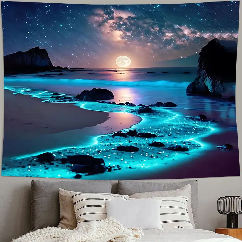 Glow in the Dark Turquoise Ocean Moon Stars Tapestry - Extra-Large Polyester-Synthetic Underwater Wall Decor with Hook Fittings, Spooky Skeleton Aesthetic Home Accessory, Custom Gift Bedroom Decor (Light Beige Fabric), Underwater World