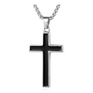 Men's Modern Minimalist Cross Necklace - Premium Silver & Black Pendant with Sturdy Box Chain, Tarnish-Resistant Everyday Jewelry for Streetwear & Business Casual