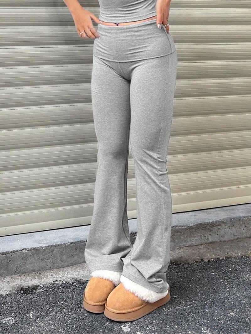 Women's Plain Ruched Flared Leggings, Casual Comfy High Stretch Bell Bottom Trousers for Daily Wear, Ladies Bottoms for All Seasons