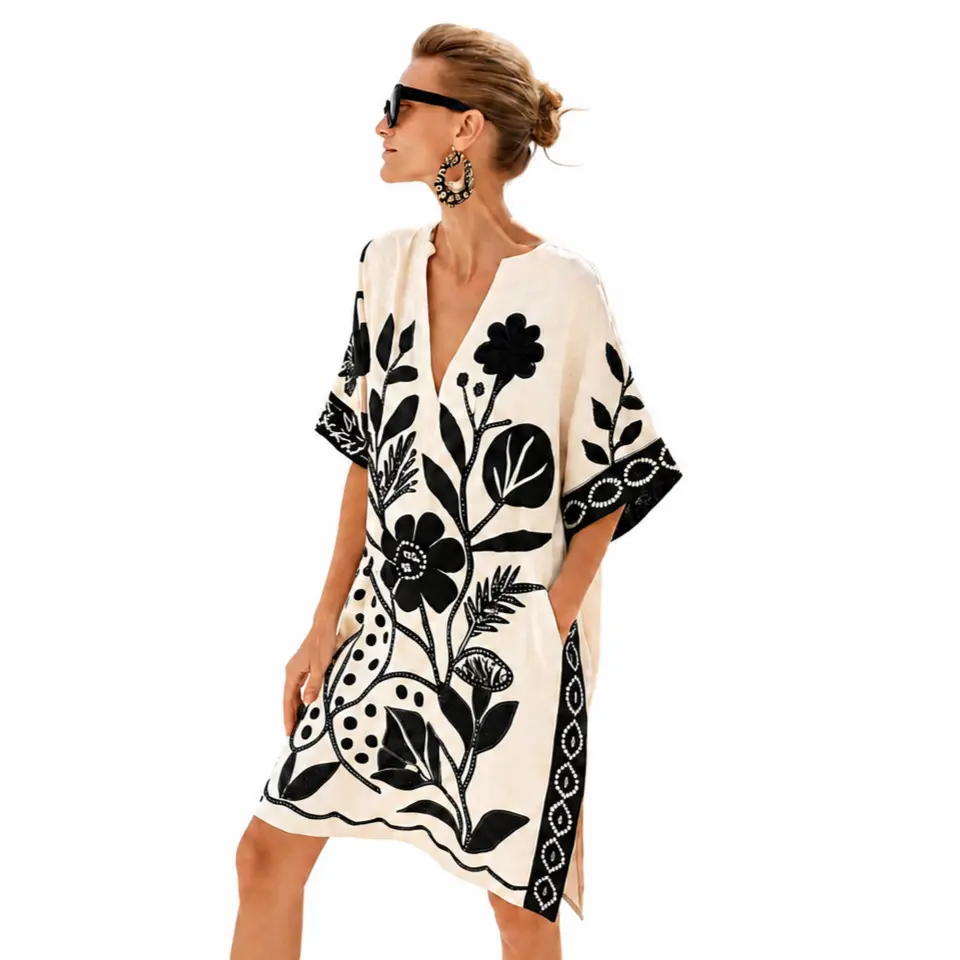 Loose 3D Digital Printing V-neck Women's Casual Vacation Dress