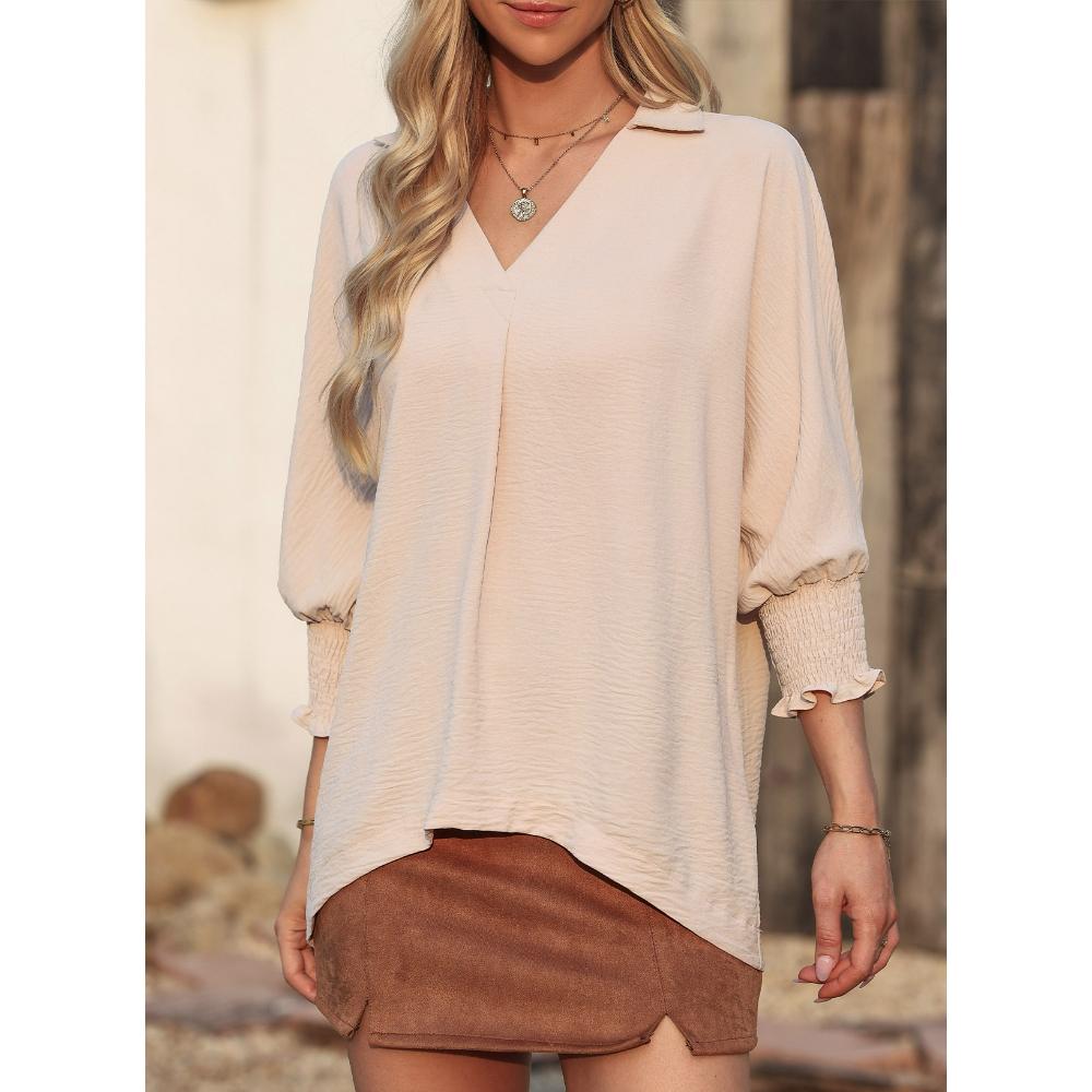 Women's V-Neck 3/4 Sleeve Oversized Tunic Tops Casual Summer Blouses Fitted Shirts 100% Polyester Comfortable Fabric