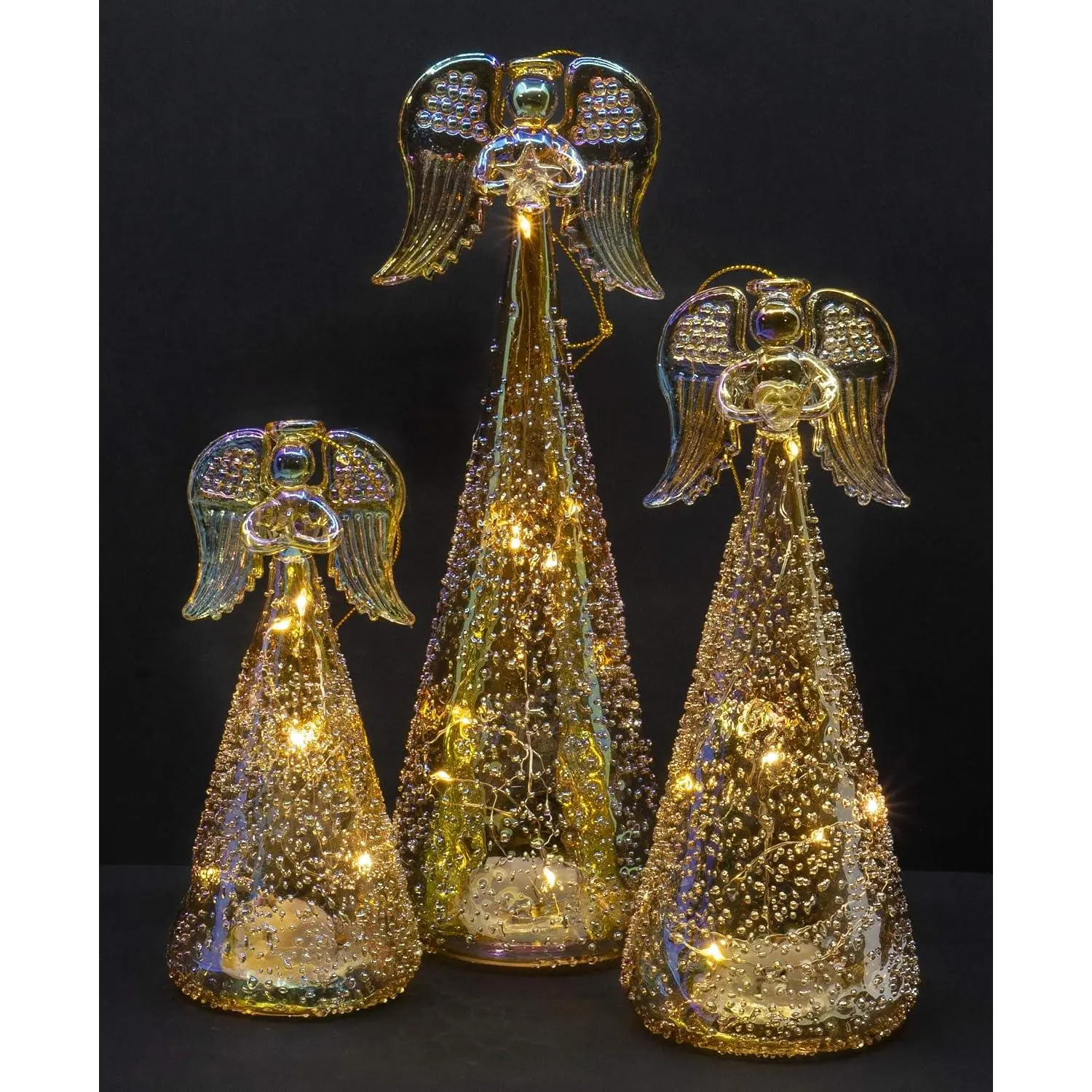 Multi-Size Glass Christmas Holy Angel Figurine Ornaments Set (9.5in, 8in, 6.5in) - Modern Iridescent Light-Up Tabletop Holiday Decor, 3-Piece Festive Decoration
