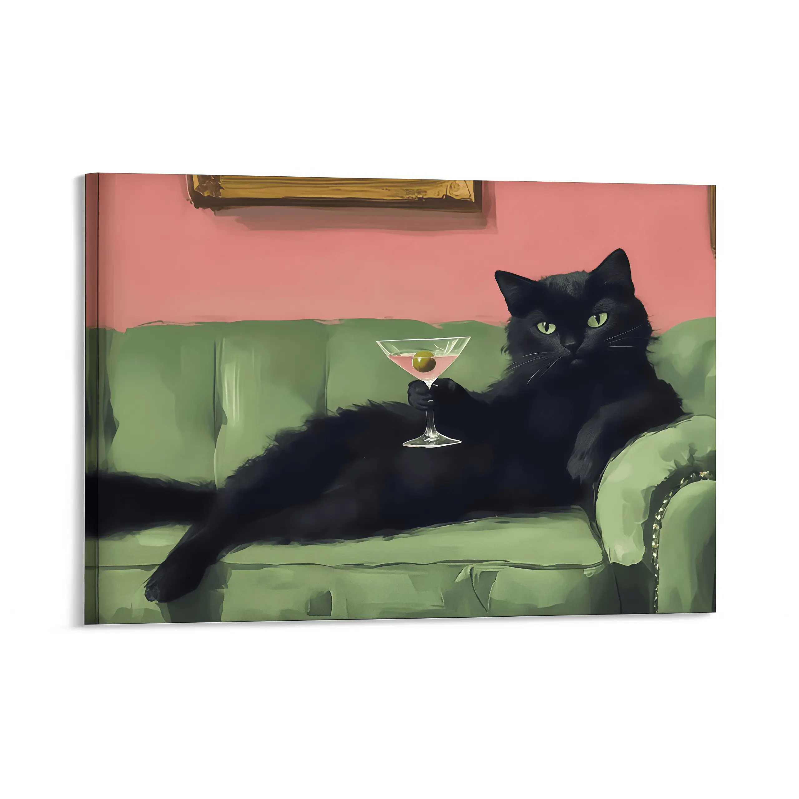 1pc, Wall Art, Vintage Poster, Unframed Art Print, Black Cat on Sofa Painting, Green Pink Cocktail Print, Living Room Decor Aesthetic, Room Decor, Artistic, Artwork, Wall Art Decoration, Cat Wall Art, Funny Animal Decor, Retro Home Decor