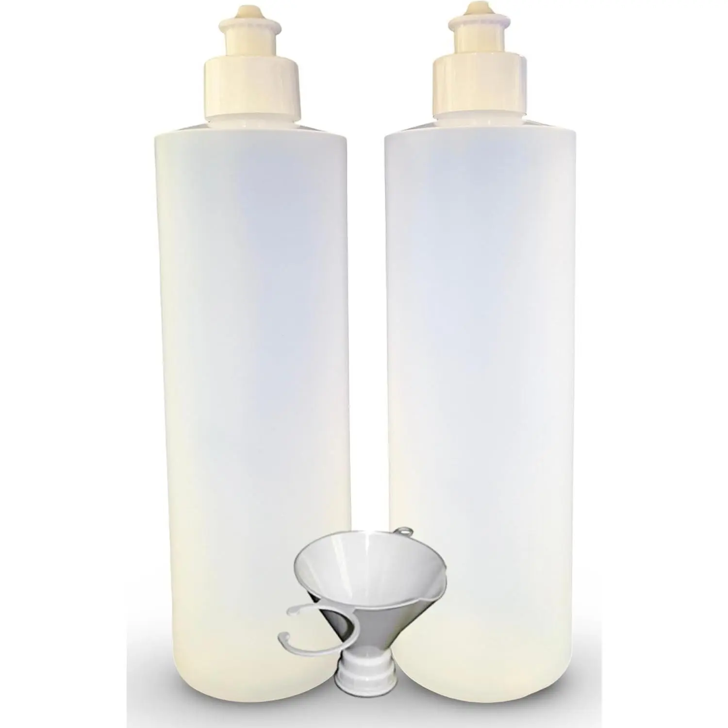 2 Pack Refillable 16 oz HDPE Squeeze Bottles with Push Pull Top Dispenser Caps for Lotions, Shampoos, Conditioners and Massage Oils, Includes Thread-On FunnelGift