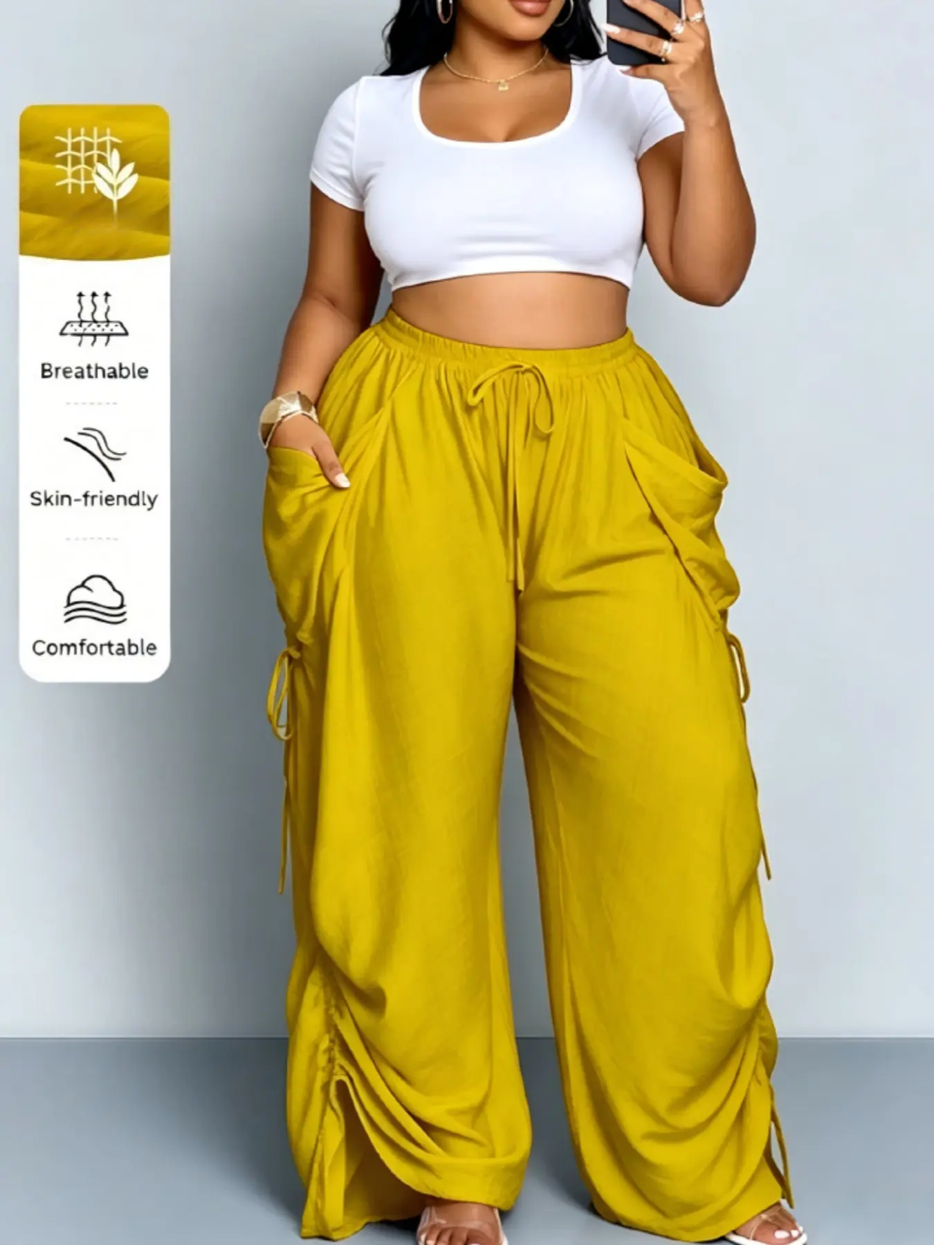 High-Waisted Drawstring Linen Wide-Leg Pants for Women, Casual Comfortable Home Wear, Spring & Fall Fashion, Multiple Colors Available