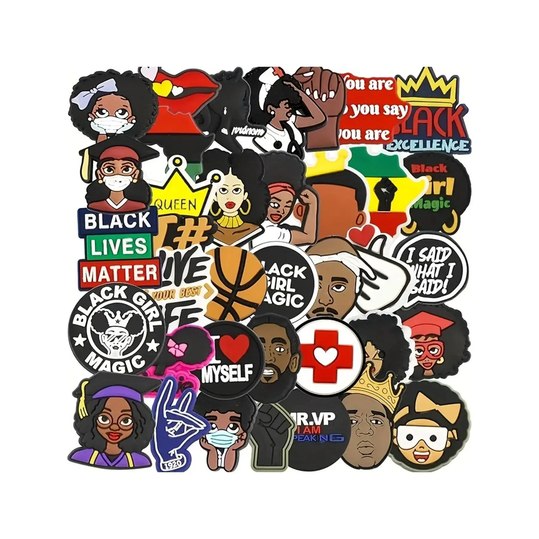 30Pcs Multicolor Shoe Decorations with Distinctive Style - Black Girl Magic Themed Charms for Perforated Shoes, Clogs, Sandals & Party Favors