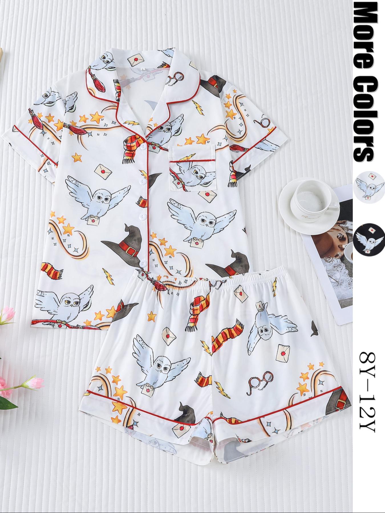 Women's Owl Print Short Sleeve Top & Elastic Waist Shorts Pyjama, Casual Comfy T-shirt & Shorts PJ Set, Ladies Sleepwear for Summer, Loungewear, Pajama Set