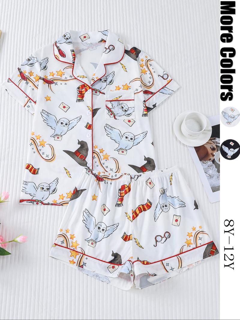 Women's Owl Print Short Sleeve Top & Elastic Waist Shorts Pyjama, Casual Comfy T-shirt & Shorts PJ Set, Ladies Sleepwear for Summer, Loungewear, Pajama Set