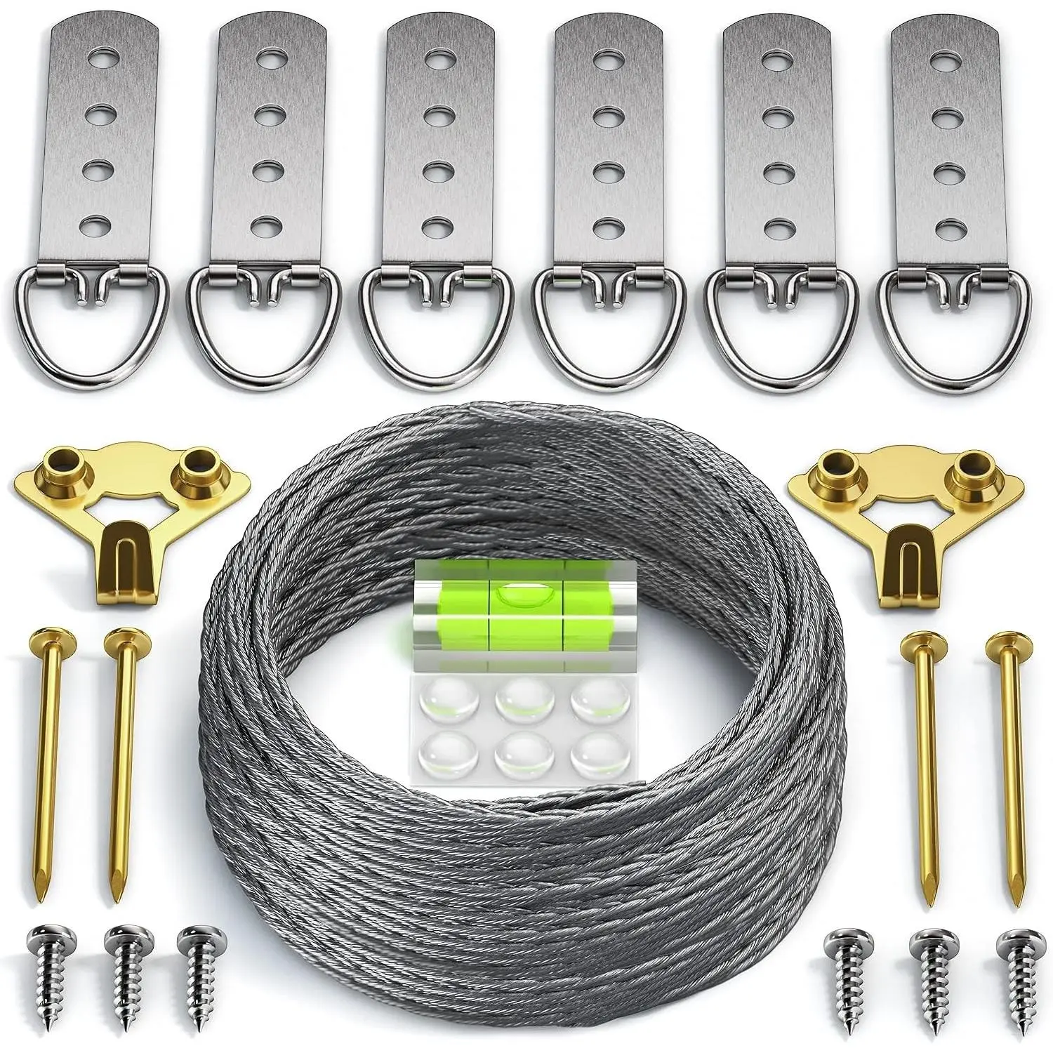 Heavy Duty Picture Wire Hanging Kit - D-Ring, Screws, Hanging Hooks,Level. Supports up to 100 lbs 50+ Feet (15.25M) Stainless Steel Wire Hanger
