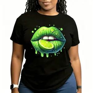 "Vibrant Shiny Green Lips Lime Slice Artistic Abstract Pop Art Neon Makeup Aesthetic Summer Fresh Tropical Fruit Vibe Graphic Tee" Graphic Unisex Tee |   All-Season Breathable Top