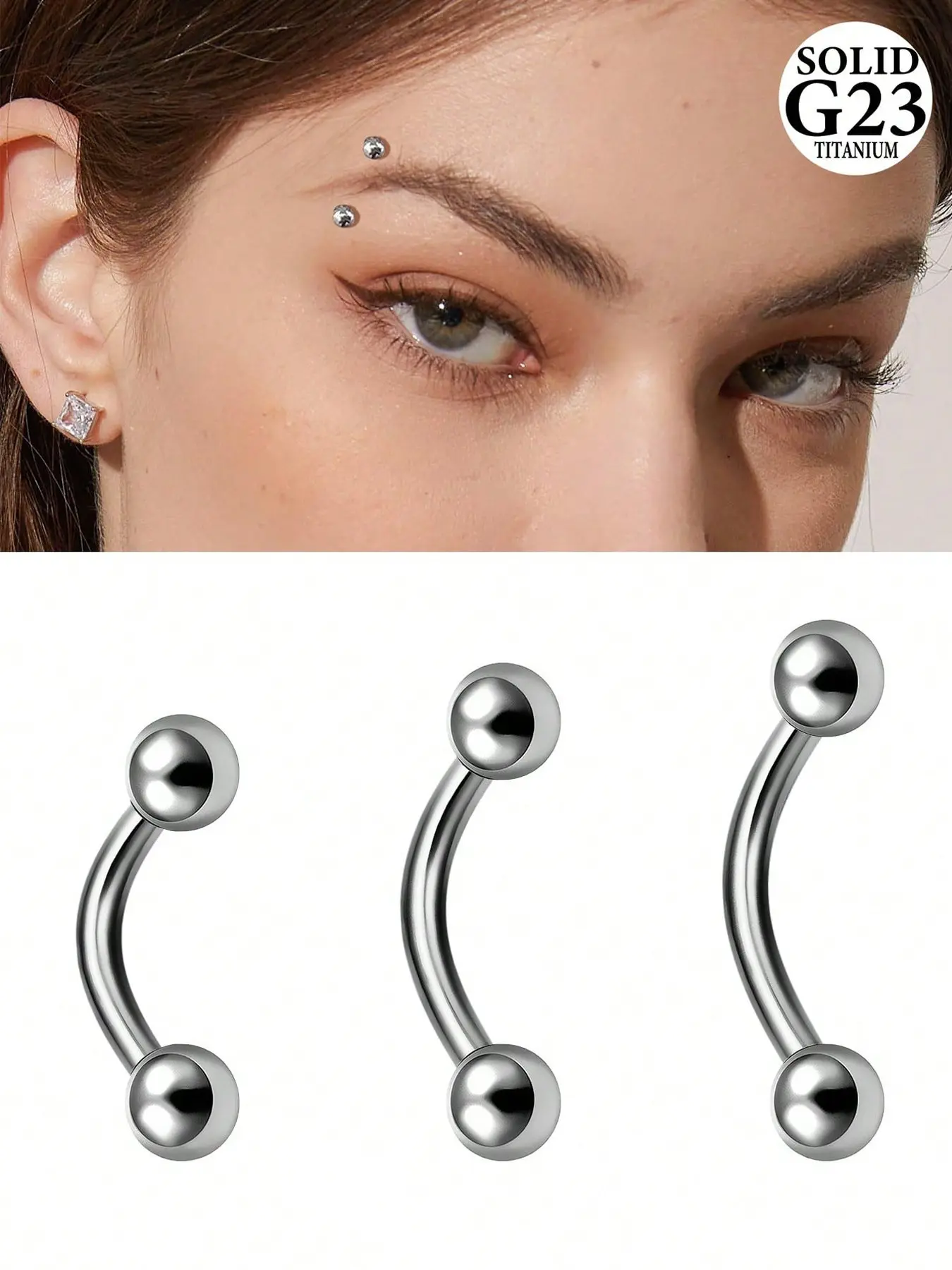 16g F136 Titanium Alloy Curved Bead Eyebrow Stud Set, Plain Design, 6mm 8mm 10mm Sizes, Durable & Hypoallergenic Body Piercing Jewelry