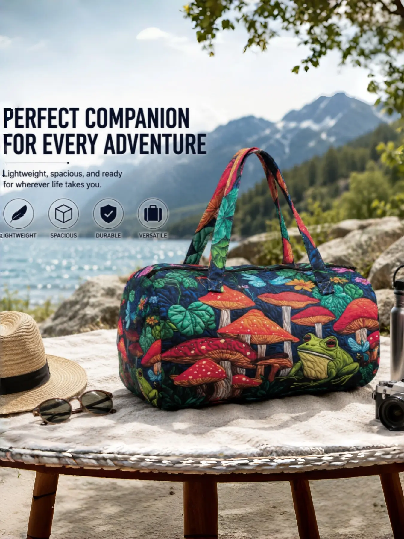 Deep Bottom Forest Style Travel Duffel Bag, Mushroom Frog Print, Reinforced Handles, Smooth Zipper, Large Capacity, Outdoor Camping Gear