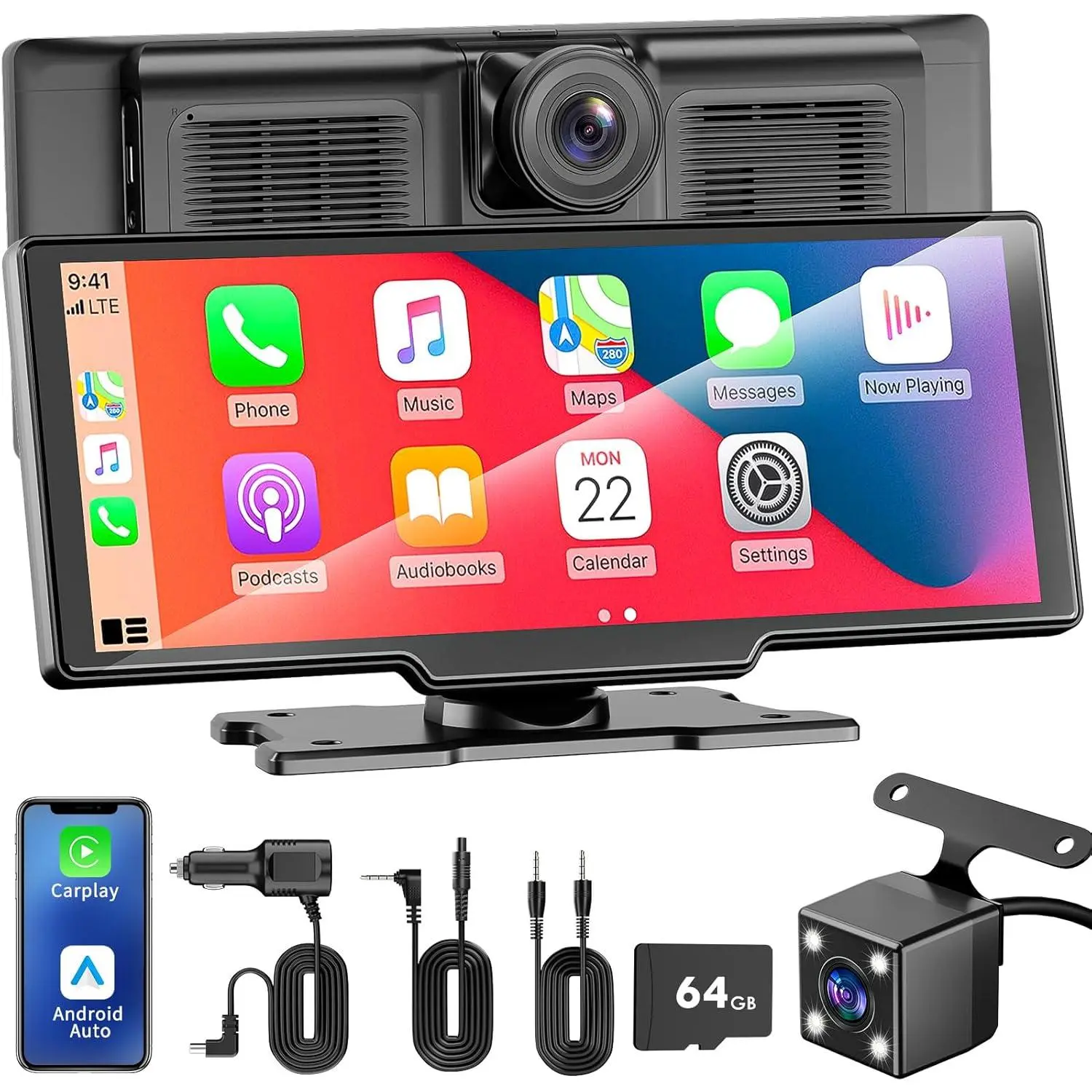 10.26" Apple Carplay Screen for Car, Wireless Portable Car Play & Android Auto HD Touch Screen, 4K Dash Cam, 1080P Backup Camera, Bluetooth 5.0, FM/Mirror Link/GPS Navigation, for All Vehicles